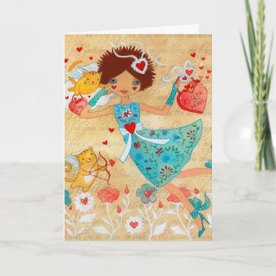 Cartes Pour Fêtes Annuelles Chats de cupidon de Saint-Valentin avec des coeurs