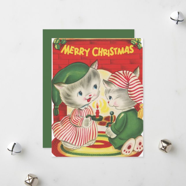 Cartes Pour Fêtes Annuelles chats de Noël rétro (Devant/Arrière en situation)