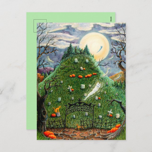 CARTES POUR FÊTES ANNUELLES CHATS FANTÔMES AU CIMETIÈRE DES NEUF VIES, ART FOL (Devant / Derrière)