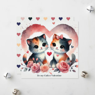 Cartes Pour Fêtes Annuelles Chats Mignons "Sois mon Valentin Calico" Aquarelle