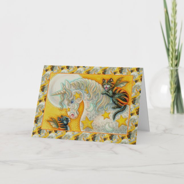 Cartes Pour Fêtes Annuelles CHATS NOIRS FLAMINANTS AVEC HALLOWEEN UNICORN Colo (Devant)