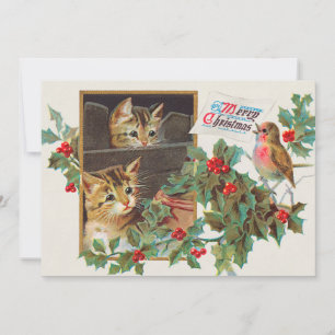 Cartes Pour Fêtes Annuelles Chats vintages et Joyeux Noël aux oiseaux