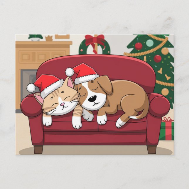 Cartes Pour Fêtes Annuelles chatte à chien père Noël casquette noël (Devant)