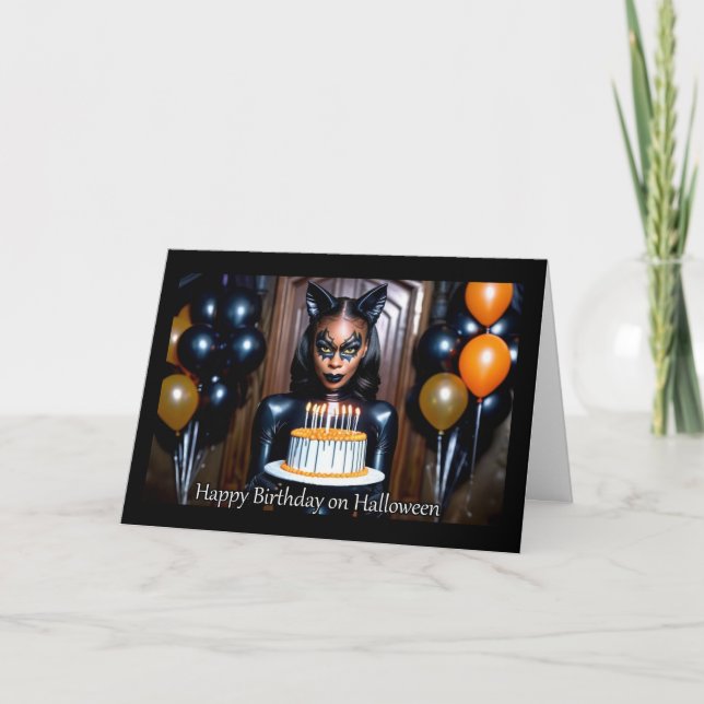 Cartes Pour Fêtes Annuelles Chatte en cuir - Anniversaire Halloween (Devant)