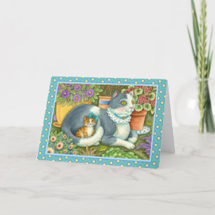 CARTES POUR FÊTES ANNUELLES CHATTE ET CHATON, FLEURS EN POT, RUBANS & DENTELLE