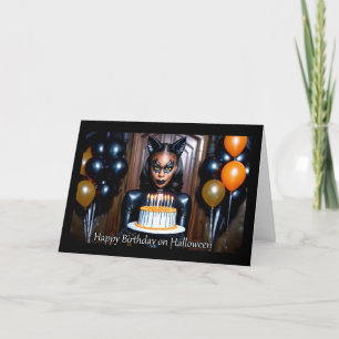 Cartes Pour Fêtes Annuelles Chatte Féline en Cuir - Anniversaire d'Halloween