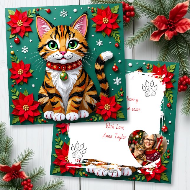 Cartes Pour Fêtes Annuelles Chatte tachetée mignonne avec poinsettias Noël per (Créateur téléchargé)