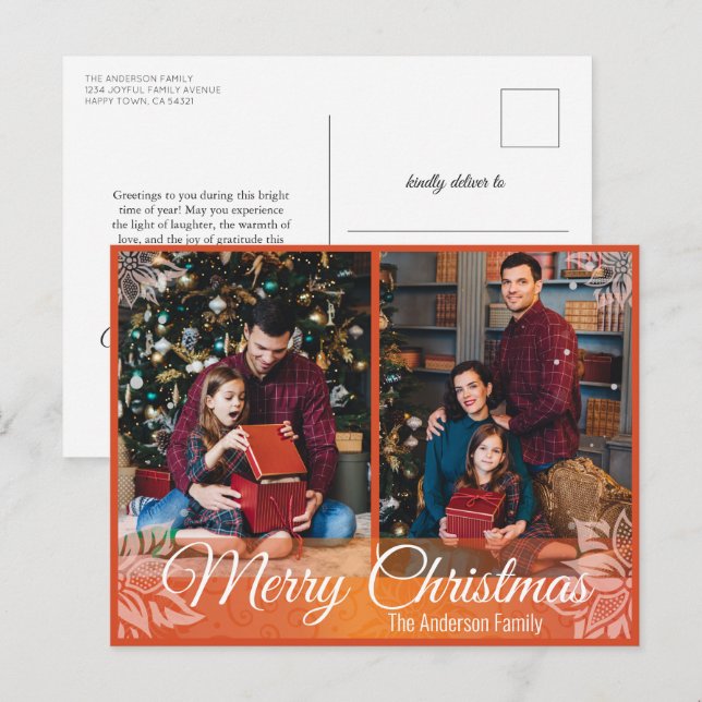 Cartes Pour Fêtes Annuelles Chaud Noël Poinsettia Red Frame 2 Photo (Devant / Derrière)