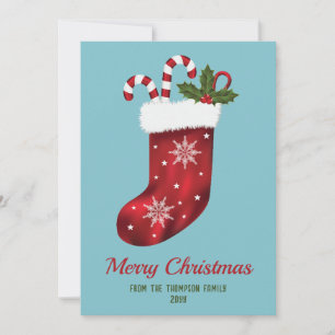 Cartes Pour Fêtes Annuelles Chaussette de Noël rouge sur fond bleu avec texte