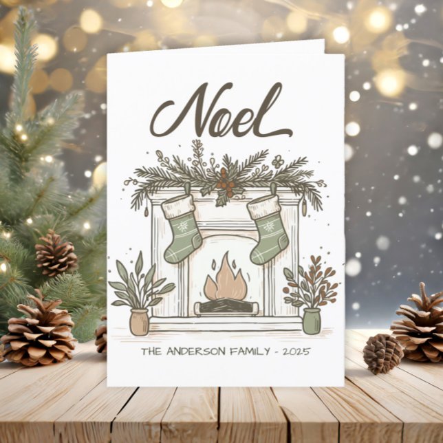 Cartes Pour Fêtes Annuelles Chaussettes de cheminée Boho Tons rustiques de la  ("Noel" fireplace Christmas greeting card)