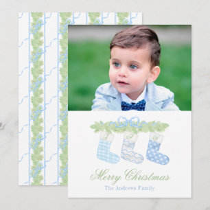 Cartes Pour Fêtes Annuelles Chaussettes de Noël à monogramme bleu aquarelle Ph