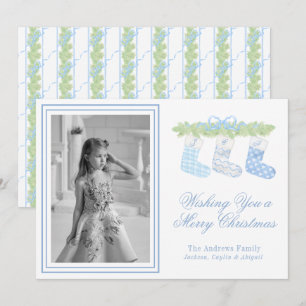 Cartes Pour Fêtes Annuelles Chaussettes de Noël à monogramme en aquarelle bleu