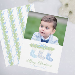 Cartes Pour Fêtes Annuelles Chaussettes de Noël Bleu et Blanc Aquarelle Photo