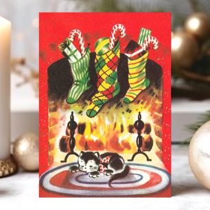 Cartes Pour Fêtes Annuelles Chaussettes de Noël vintage pour chat près de la c