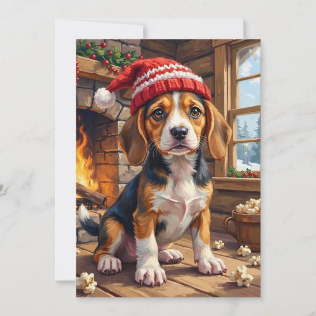 Cartes Pour Fêtes Annuelles Cheerful Beagle Puppy in Stocking Cap Cozy (Devant)