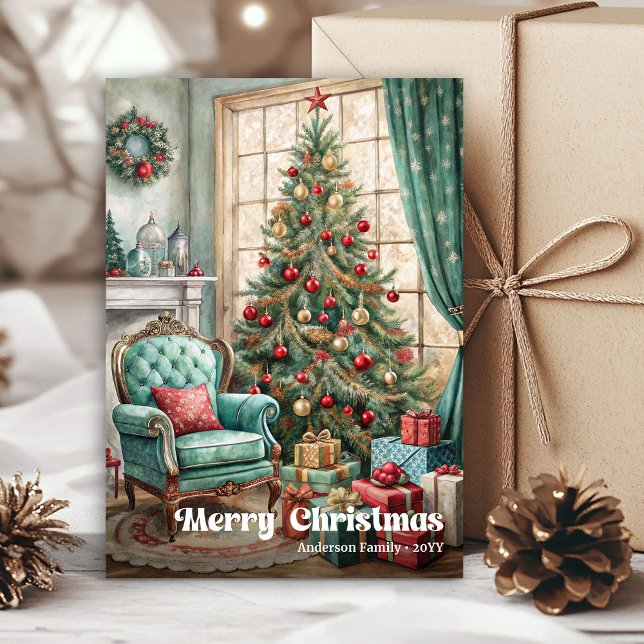 Cartes Pour Fêtes Annuelles Cheerful cozy Christmas interior rustic red green (Cheerful cozy Christmas interior rustic red green Holiday Card)