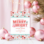 Cartes Pour Fêtes Annuelles Cheerful Merry & Bright | Retraite Rose et Rouge H<br><div class="desc">Cette carte présente un vœu de vacances joyeux dans une typographie de style victorien moderne sur un fond de vacances rose et rouge. Vous pouvez personnaliser avec vos noms et année.</div>