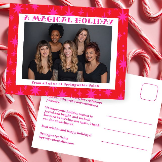 Cartes Pour Fêtes Annuelles Cheerful Stars Pink Christmas Custom Business (Cheerful Stars Pink Red Christmas Custom Photo Office Salon Small Business Holiday Postcard
)