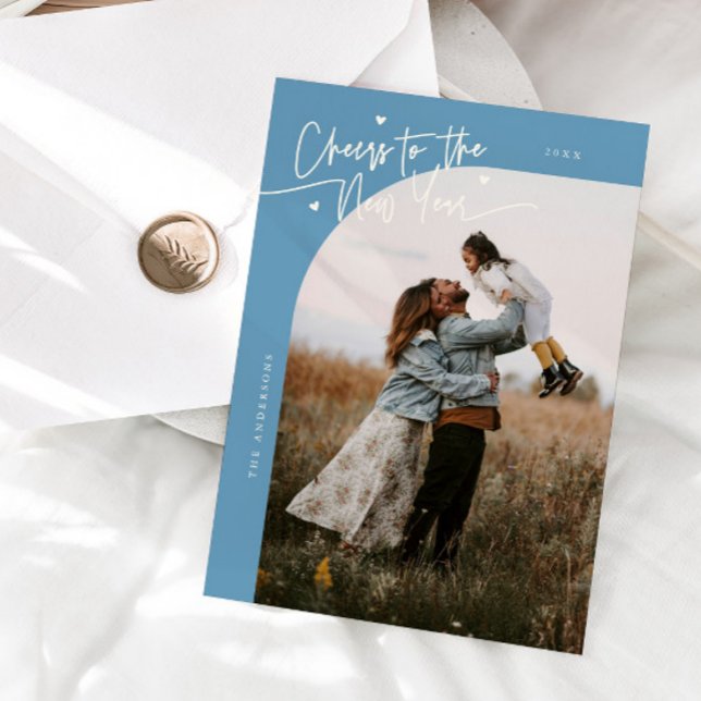 Cartes Pour Fêtes Annuelles Cheers New Year Denim Blue Curved Frame Photo (Créateur téléchargé)