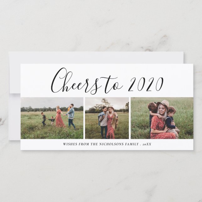 Cartes Pour Fêtes Annuelles Cheers To 2020 Script Three Photo Collage Modern (Devant)