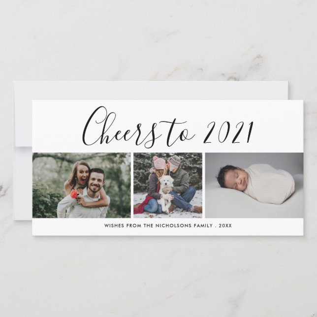 Cartes Pour Fêtes Annuelles Cheers To 2021 Script Three Photo Collage Modern (Devant)