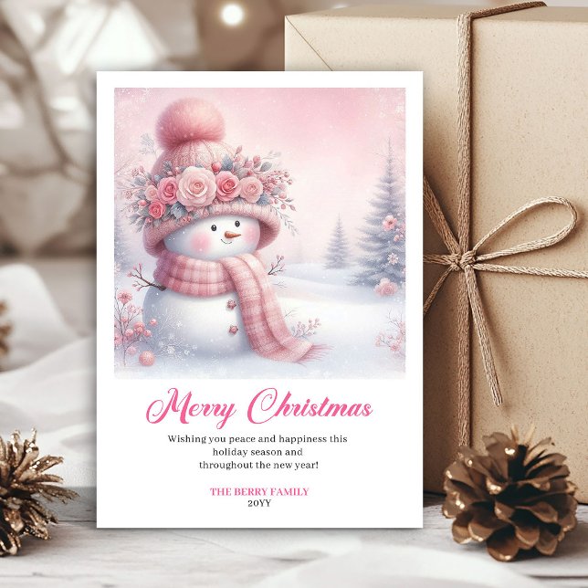 Cartes Pour Fêtes Annuelles Cheery pink snowman kids greeting card printable (Cheery pink snowman kids greeting card printable)