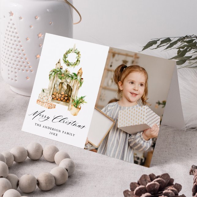 Cartes Pour Fêtes Annuelles Cheminée Boho Aquarelle Avec Végétation Photo (Créateur téléchargé)