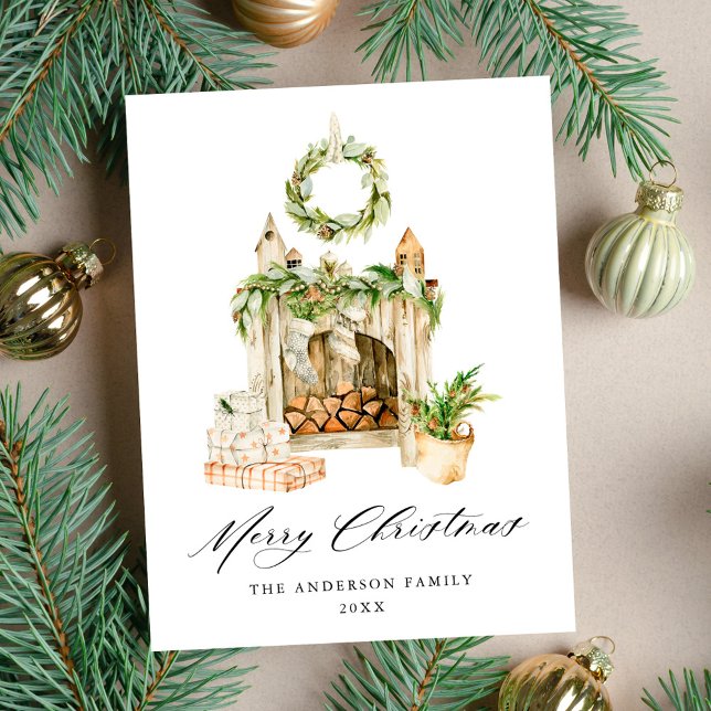 Cartes Pour Fêtes Annuelles Cheminée Boho Aquarelle Avec Verdure Non Photo (Créateur téléchargé)