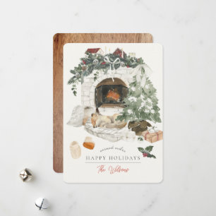 Cartes Pour Fêtes Annuelles Cheminée Cosy Arbre de Noël Fox aquarelle photo