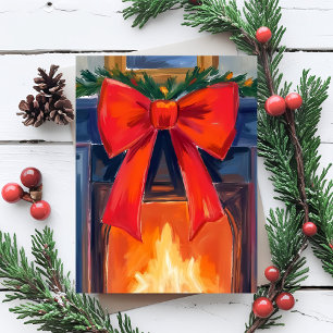 Cartes Pour Fêtes Annuelles Cheminée de Noël Aquarelle joyeuse au ruban roug
