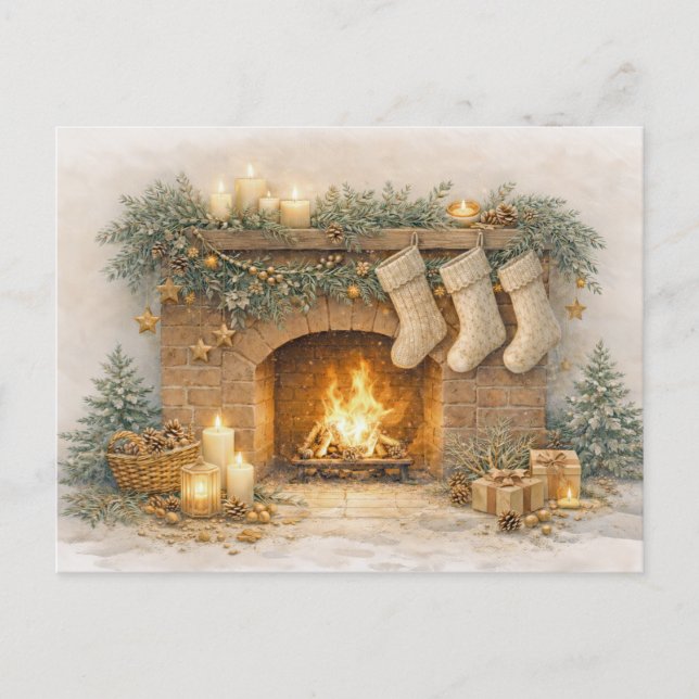 Cartes Pour Fêtes Annuelles Cheminée de Noël rustique à l'aquarelle neutre cha (Devant)