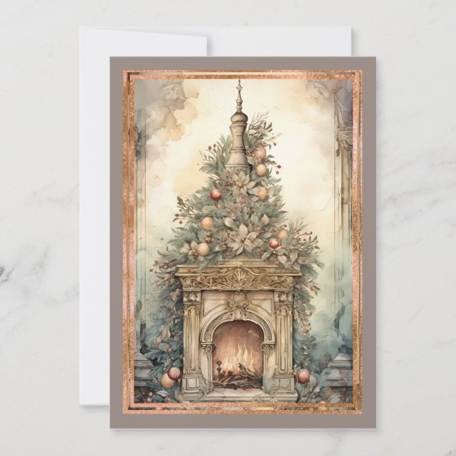 Cartes Pour Fêtes Annuelles Cheminée intérieure victorienne Arbre de Noël (Devant)