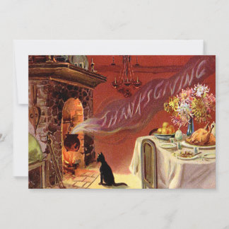 Cartes Pour Fêtes Annuelles Cheminée Turquie de chat noir de dîner de