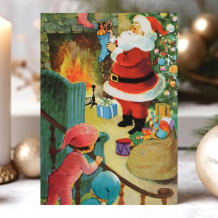Cartes Pour Fêtes Annuelles Cheminée vintage Santa Claus Enfants Sur Escaliers