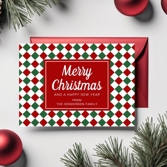 Cartes Pour Fêtes Annuelles Chèques rouges Motif - Script de Noël Photo (Red Checks Pattern Christmas Script Photo Holiday Card)