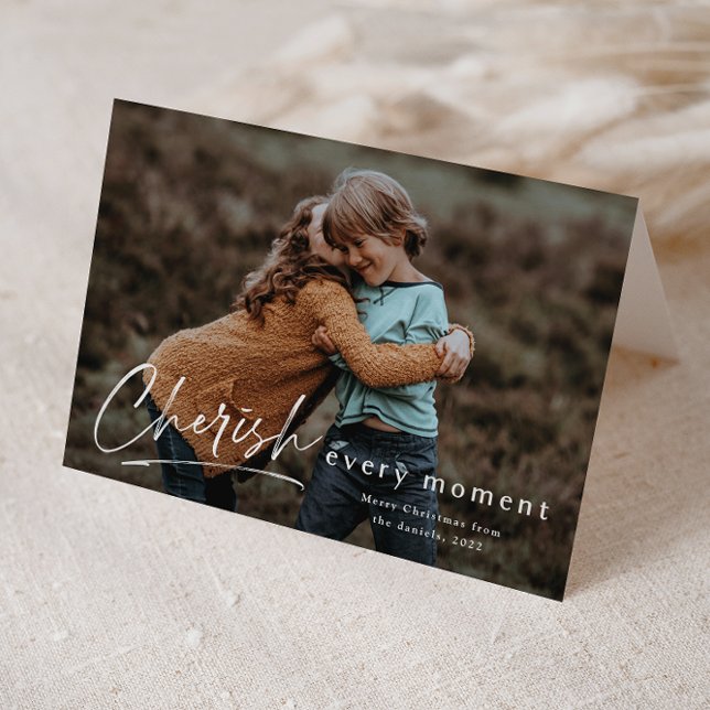 Cartes Pour Fêtes Annuelles Cherish Every Moment Script Photo Joyeux Noël (Modern script handwritten photo Christmas holiday cards.)