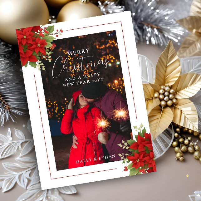 Cartes Pour Fêtes Annuelles Cherish Red Floral Christmas Poinsettias Bouquets  (Cherish Red Floral Christmas Poinsettias Bouquets Photo Frame Holiday Card. )