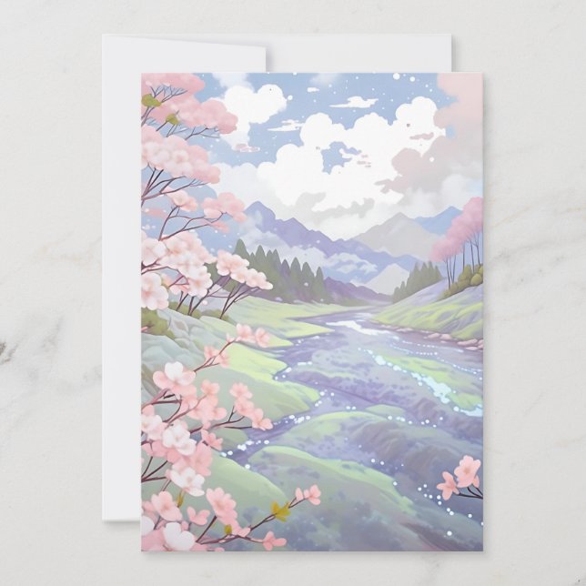 Cartes Pour Fêtes Annuelles Cherry Blossoms Pastel Aquarelle Paysage (Devant)