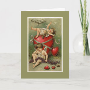 Cartes Pour Fêtes Annuelles Cherubs vintages et Coeurs de Saint Valentin Vert