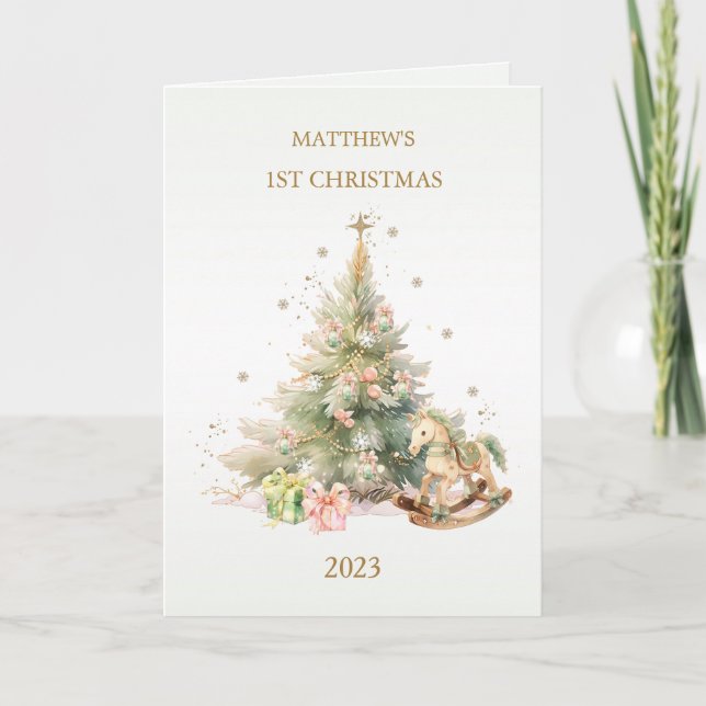 Cartes Pour Fêtes Annuelles Cheval à bascule Pin Bébé 1er Noël (Devant)