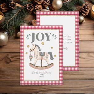 Cartes Pour Fêtes Annuelles Cheval à Bascule Vintage Rouge Gingham Joie Noël
