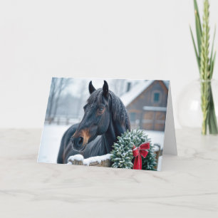 Cartes Pour Fêtes Annuelles Cheval avec couronne neige de Noël