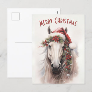 Cartes Pour Fêtes Annuelles Cheval Blanc Santa Chapeau Rouge Poinsettias Noël