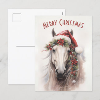 Cartes Pour Fêtes Annuelles Cheval Blanc Santa Chapeau Rouge Poinsettias Noël