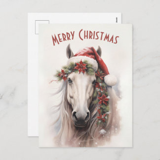 Cartes Pour Fêtes Annuelles Cheval Blanc Santa Chapeau Rouge Poinsettias Noël