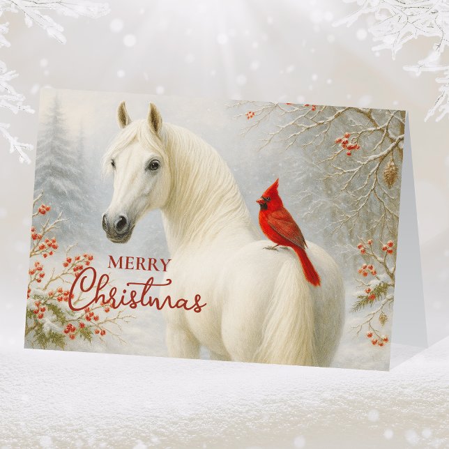 Cartes Pour Fêtes Annuelles Cheval blanc Whimsical et Noël cardinal (Créateur téléchargé)