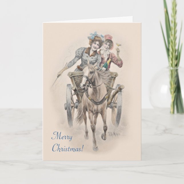 Cartes Pour Fêtes Annuelles Cheval, chariot et filles Noël (Devant)