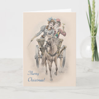 Cartes Pour Fêtes Annuelles Cheval, chariot et filles Noël
