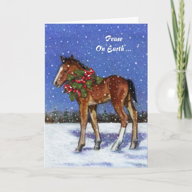 Cartes Pour Fêtes Annuelles Cheval, Colt en neige avec Noël Holly : Paix (Devant)