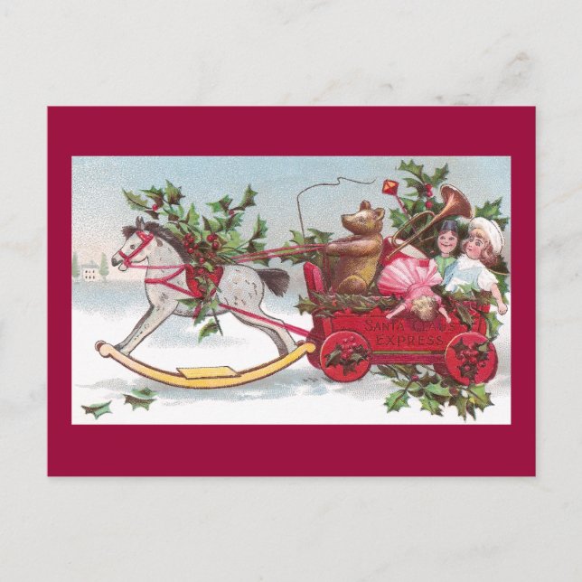 Cartes Pour Fêtes Annuelles Cheval de basculage, nounours et Noël de cru de (Devant)